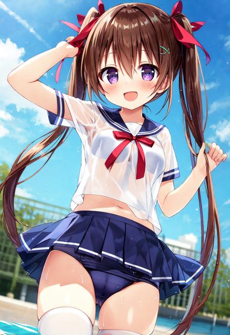 1girl, solo, swimsuit, school swimsuit, swimsuit under clothes, water, long hair, very long hair, shirt, smile, twintails, one-piece swimsuit, outdoors, white shirt, day, hair bow, purple eyes, thighhighs, skirt, brown hair, blush, bangs, bow, short sleeves, school uniform, sky, white thighhighs, :d, hose, blue one-piece swimsuit, open mouth, red ribbon, serafuku, old school swimsuit, sailor collar, hairclip, blue sky, pleated skirt, hair ornament, hair between eyes, neck ribbon, holding, cloud, ribbon, v, arm up, looking at viewer, blue skirt, black bow, breasts, rainbow, small breasts, see-through, (masterpiece,best quality)