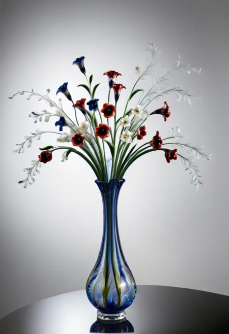 murano_glass_style, livingroom, salon table, (vase with flowers murano_glass_style:2). (indoors:1.6), (large room:1.2)