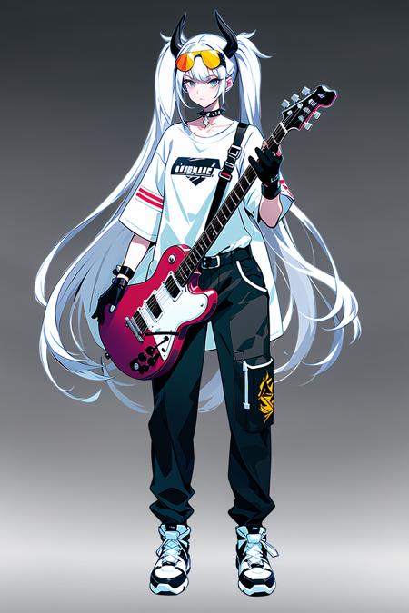 Concept art, standing figure painting, 1girl, solo, guitar, instrument, twintails, long hair, gradient, gloves, fingerless gloves, gradient background, grey background, pants, belt, holding, eyewear on head, sunglasses, shoes, holding instrument, electric guitar, shirt, spikes, tinted eyewear, full body, choker, black gloves, looking at viewer, collar, sneakers, very long hair, white hair, black shirt, white footwear, jewelry, grey hair, standing, black choker, simple background, closed mouth, horns<lora:erciyuan:0.8>,