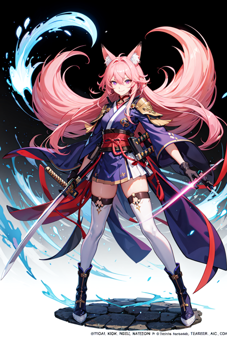 official art, unity 8k wallpaper, ultra detailed, beautiful and aesthetic, High quality, beautiful, masterpiece, best quality, (zentangle, mandala, tangle, entangle:0.6), 1girl, weapon, solo, sword, animal ears, pink hair, long hair, purple eyes, fox ears, holding, holding weapon, holding sword, thighhighs, katana, looking at viewer, bangs, boots, closed mouth, hair between eyes, full body, white background, gloves, simple background, white thighhighs, shadow, smile, glowing weapon, blue footwear, water splash, wind swept, glitter,ultra sharp