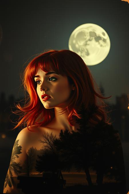Georges Méliès, A Trip to the Moon, in the background, jeddblexpsre double exposed with a photograph of a red headed indie girl fron 1991