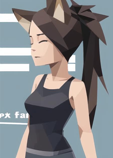 portrait, upper body, solo, 1girl teenager, solo, TankTop (medium:1.1) breasts, (tight clothes), black sport TankTop, sport shorts, black hair,long hair, fox ears, closed eyes, <lora:polygonized:0.8>