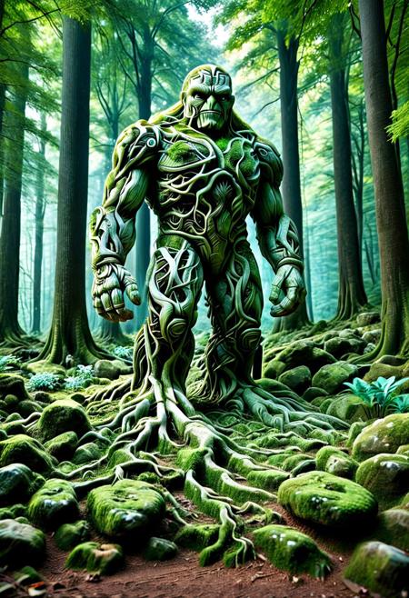 score_9,score_8_up,score_7_up, PG-TR, This is a vibrant, fantasy illustration of a large, golem-like figure that appears to be made of stones and rocks, partly overgrown with lush green foliage. The figure stands in a forested environment, with trees and plants surrounding it, and in the background, ruins or other stone structures are visible. The sky above is clear blue with some white clouds, indicating a sunny day.
The colossus itself is impressively large, with a broad posture and thick, robust limbs. Its body is a mix of gray and brown stones, some smoother than others, with cracks and moss growth emphasizing its age and natural integration. The most striking feature is the dense layer of bright green leaves covering large parts of its torso, shoulders, and upper legs, as if it has become part of the forest itself.
The colossus's face is somewhat human-like, with a stylized, flat nose and indentations suggesting eyes, all formed from stone. The overall atmosphere of the image is one of wonder and mystery, fitting for a fantasy world. <lora:Treeroots_0_90_multi2_Handprocessed_V2:1>