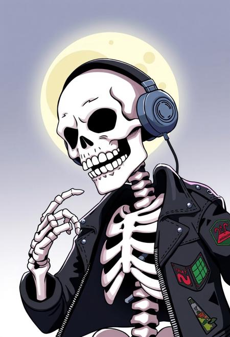 A cartoon skeleton wearing headphones and a leather jacket with patches is dancing under the moonlight. The skeleton has white teeth and is depicted in a hyper-realistic, white background, high-resolution style.
