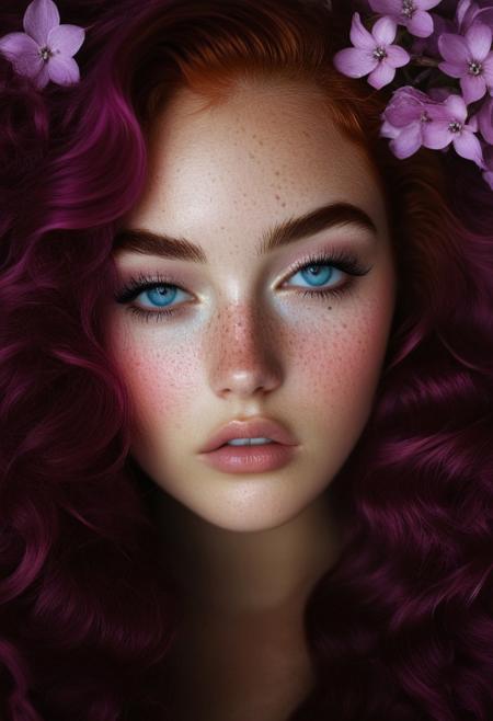 This is a high-resolution, highly detailed photograph of a young woman with an ethereal, dreamy quality. She has light, creamy skin and striking, piercing blue eyes that are wide open, gazing directly at the camera. Her face is covered in tiny, sparkling snow specks, likely a makeup effect, which adds a magical, otherworldly glow to her appearance. Her skin is dotted with freckles, particularly prominent on her nose and cheeks. 
Her long, wavy hair is a vibrant, neon purple, cascading down her shoulders, and adored with tiny lilac blossoms blending into her surroundings.rockabilly style, 1girl, freckles, solo, flower, looking at viewer, pink hair, pink flower, long hair, eyelashes, portrait, 1950's