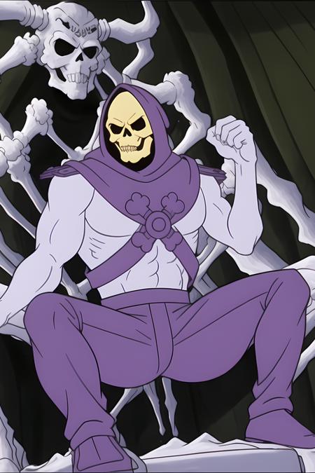 a photo of skeletor sitting on the bone throne, wearing long purple pants