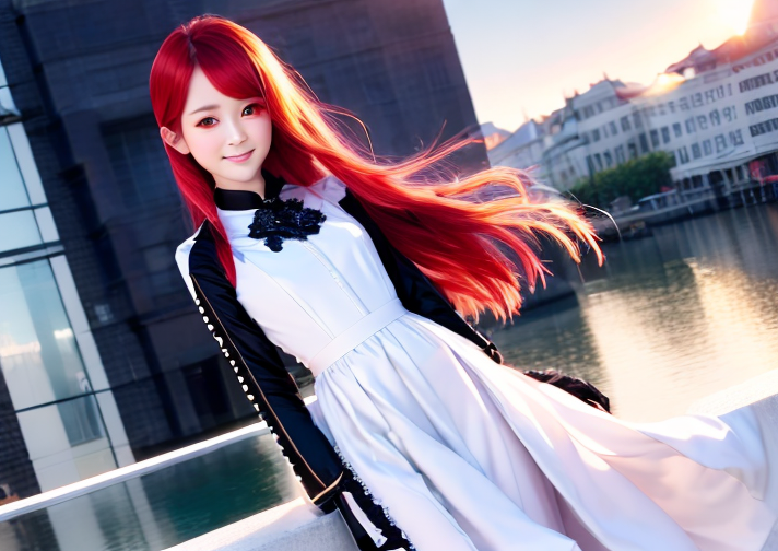 ((masterpiece,best quality)),1girl, long hair, red hair, solo, dress, red eyes, looking at viewer, long sleeves, standing,...