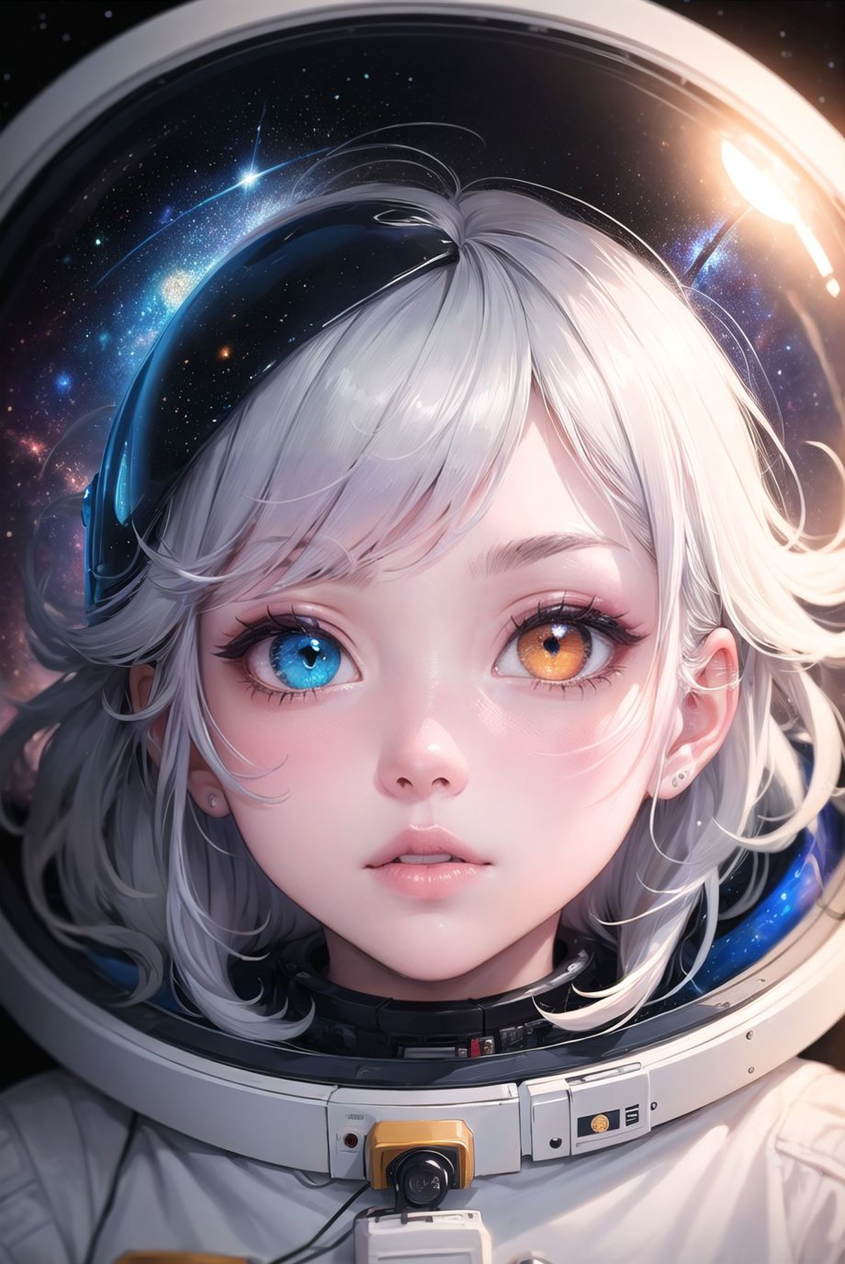 masterpiece, best quality, close-up, space, astronaut, silver hair, yellow eyes, messy hair, space helmet,colorful stars, ...