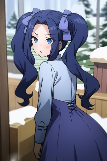 <lora:sh_melty:0.85> melty, 1girl, blue eyes, eyes visible through hair, hair intakes, bangs, purple hair, bangs, forehead, very long hair, twintails, parted bangs, hair bow, hair ribbon,
dress, long sleeves, blue dress, neck ribbon,
from behind, snow angle