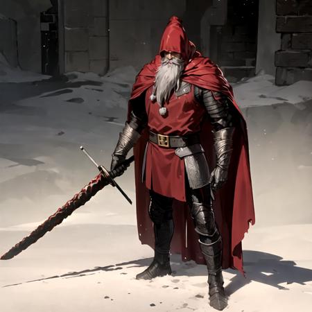 detailed, solo,standing, holding sword, winter, santa claus,beard, gray-haired, cloak,  Gael, <lora:Gael:0.8>