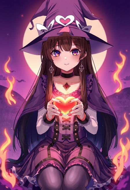 masterpiece, best quality, amazing quality
,1 girl, solo, long hair, medium chest, looking at the viewer, smile, skirt, brown hair, black strands of hair, hat, navel, closed mouth, neckline, modern clothes, jewelry, sitting, purple eyes, heart, earrings, ruffles, witch's cap, garters, frilly skirt, fire, red nails, witch, magic, heart earrings, purple landscape, pyrokinesis, Photorealistic frontal shot of a character in a witch costume holding a glowing heart in his hands.  purple cape, black lips, heart, witch, magic, purple skirt