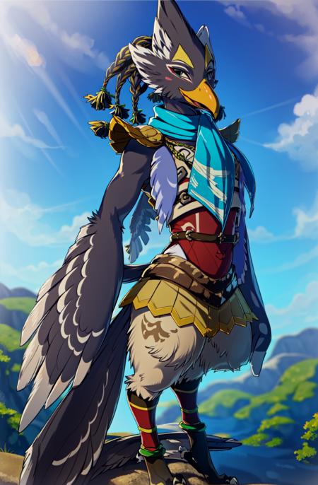 masterpiece, best quality revali, ,anthro avian bird, beak, ((winged-arms)), detailed, masterpiece, forest  background, blue sky , green eyes,  bird tail, armor, feathered wings, claws, tail, blue, feathers, anklet, bird legs, looking at viewer, fullbody