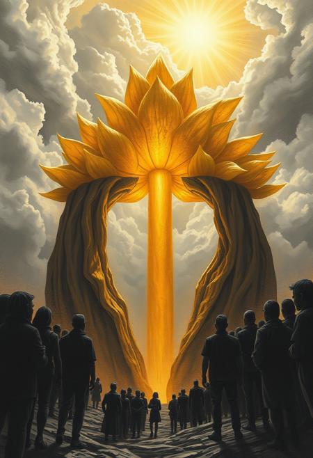 A hyper-stylistic, extremely detailed image depicts a breathtaking scene, crafted from a combination of charcoal pencil and gold paint. The charcoal provides a rich, velvety texture, while the gold paint adds a luxurious, sun-kissed quality to the image. A crowd of dark silhouettes stands before a deep sinkhole, their figures starkly contrasted against the brilliant, gold monolithic flowers that rise up from the depths. The flowers' petals shimmer and glow with a warm, golden light, which bursts forth from the center, piercing through the sky above. The clouds break apart to reveal a brilliant, sunlit sky, with rays of light streaming down to illuminate the scene. Every detail of the image is meticulously crafted, from the delicate, swirling patterns of the charcoal to the intricate, textured patterns of the gold paint. The overall effect is one of breathtaking, surreal wonder, as if the viewer has stumbled upon a hidden world of beauty and magic. highest-Quality, intricate details, visually stunning, Masterpiece