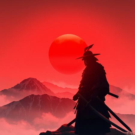 a samurai is standing on a mountain, the sun is red, super focus on male, the samurai is holding a sword in the right hand, , superrealistic