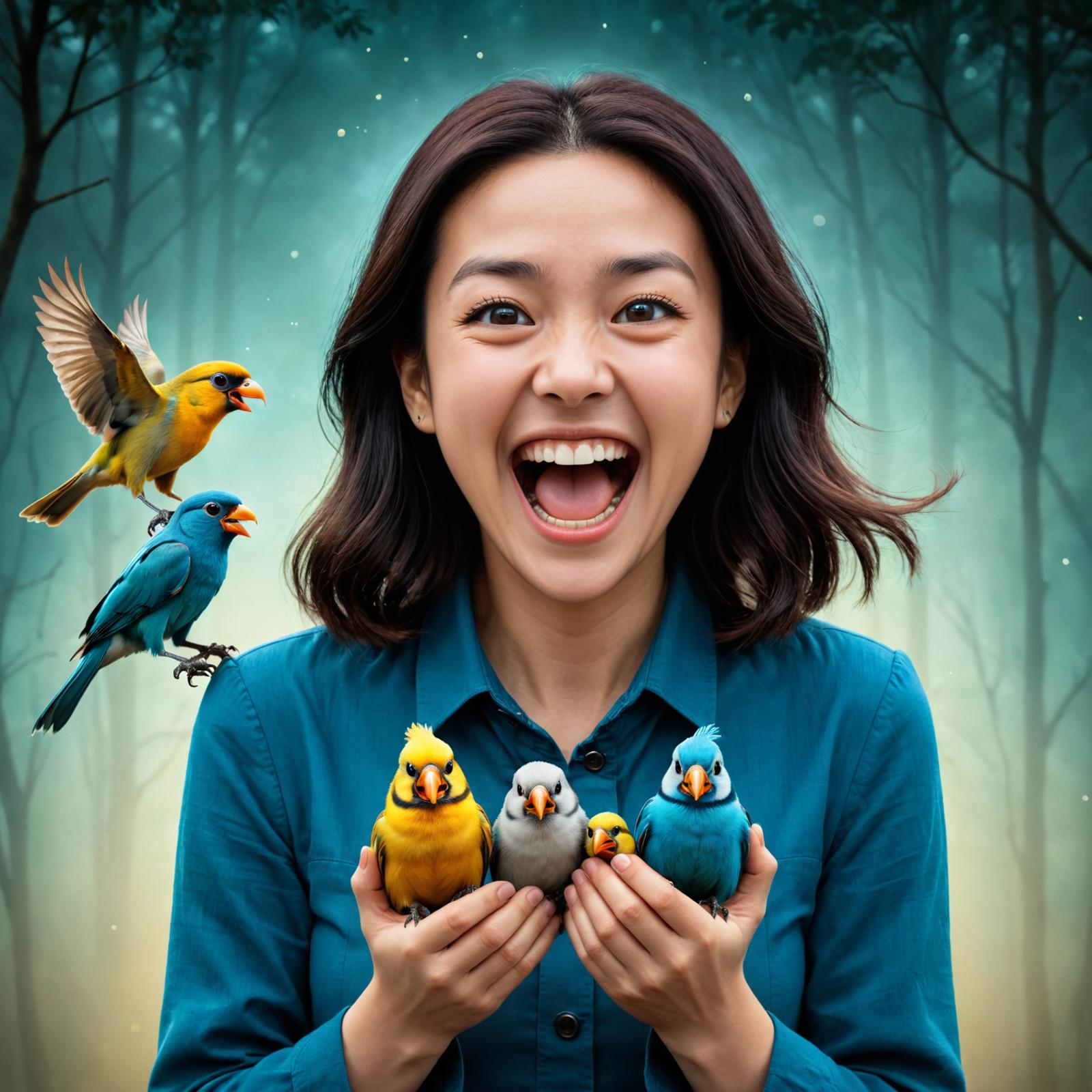 A woman holding two birds in her hands and laughing.