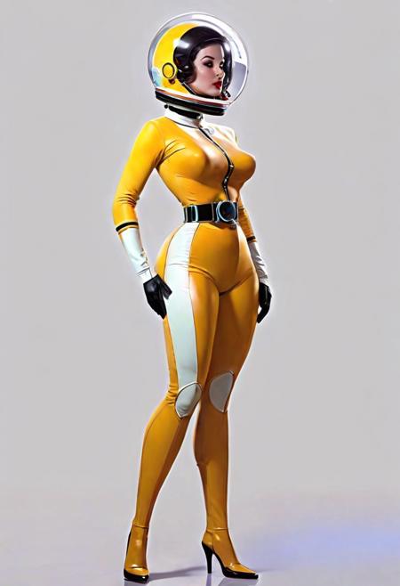 digital painting, in the style of dave stevens good girl art, perfect hourglass figure, great legs, scifi, space opera, full body portrait, wearing retro science fiction skin-tight uniform, low cut front, utility belt, transparent helmet, background space art, full body pose, full view, centered, under dramatic lighting, front angle, retrofuturism, vibrant and saturated colors, fluid and expressive strokes, perfect hands, perfect eyes,