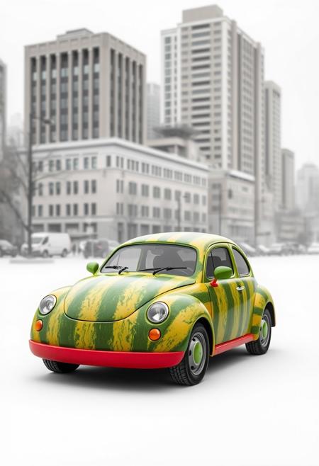 watermelon car, background is grey bleak city, watermelon car is very bright and colorful compared to the background