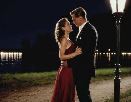 movie still, cinematic lighting, night, by the lake, romance