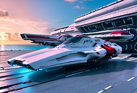 photograph, a clean hangar, door open, tropical island, ocean, beach, (smooth, sleek, neotech white and red (WipEout anti-gravity craft), (split-front:1.3), parked in a hangar):2, blue sky, sunset, sharp, high detailed, realistic, scifi, futuristic, science fiction, sharp focus, masterpiece, best quality