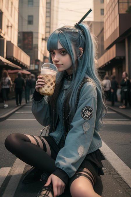 4K,8K. An attractive american gothic punk girl, with black punk fitting clothes, chestnut very long wavy hair, wide dreamy light blue eyes, wide smile, face close up, (holding a bubble tea,) (dynamic sitting pose, on the street)