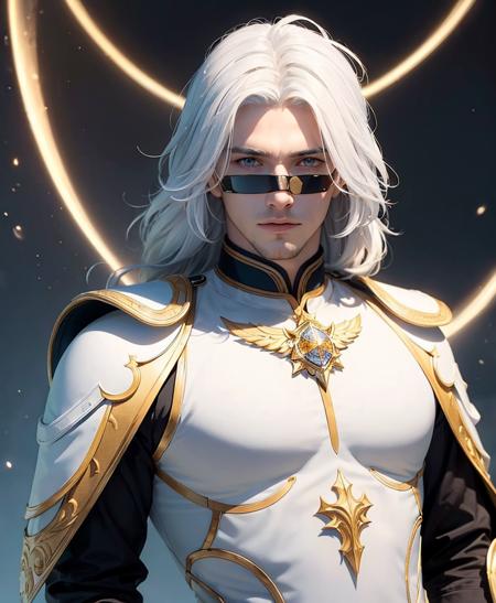 ((masterpiece, best quality)), very handsome man in the center, wearing a large and gleaming white armor, white hair and golden eyes, looking at the viewer, distant expression, luminous clouds in the background,