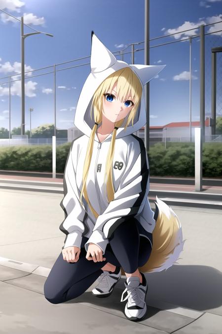 1girl, konjihen, kon, hoodie, leggings, hood, blonde hair, blue eyes, sneakers, fence, railway, train, city, (fox tail:1.3)