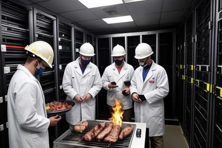 photo of a group of tech engineers in white coats and hard hats having a barbecue party inside server room, server racks on fire, a lot of smoke