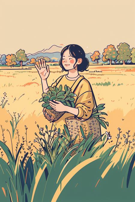 sdmai,Flat illustration, 
tongxin,a girl standing in the field,holding a basket in one hand,the other hand waving in the air to say hello,1 girl,autumn,field,flower field,grass,nature,outdoor,solo,rice,mature rice,harvest,yellow theme. beautiful background,bichu,oil painting,Impressionism,
<lora:SDMAIç®ç¬çº¿æ¡ç¢éæç»:1>