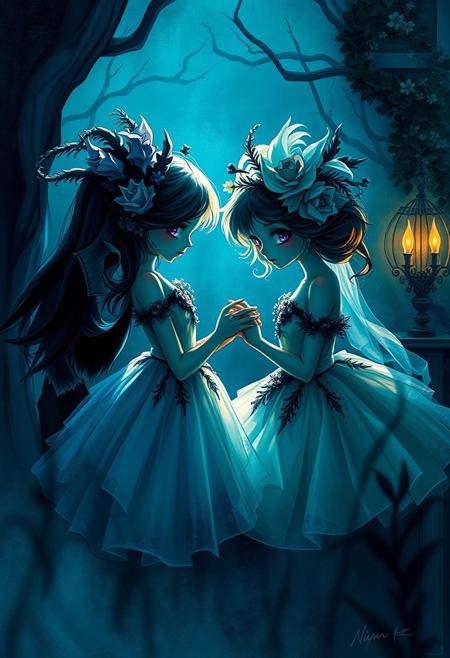 Strong hard light, cool color palette of blues, greens, and purples, cinematic composition featuring adorable elegant figures in a Macabre dark fantasy setting, vintage glamour, polished brushwork, harsh shadows, nostalgic romantic atmosphere.
