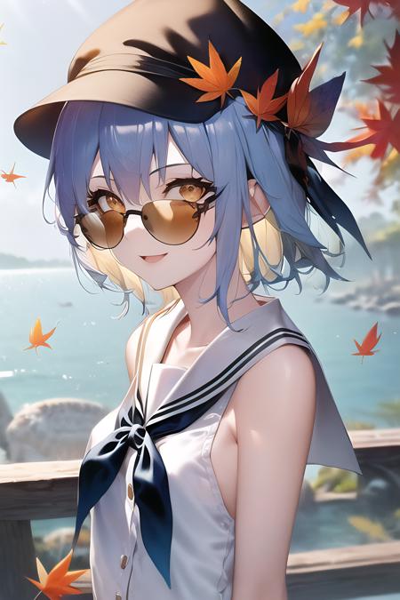 masterpiece, best quality, 1girl, autumn_leaves, blue_hair, blurry, blurry_foreground, depth_of_field, hat, leaf, looking_at_viewer, maple_leaf, open_mouth, outdoors, sailor_collar, shirt, short_hair, sleeveless, smile, solo, starfish, sunglasses, tree, virtual_youtuber,Babaluosi