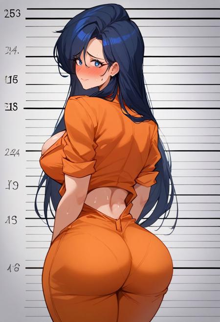 score_9, score_8_up, score_7_up, ASCII masterpiece, source_anime, BREAK, 1girl, solo, long hair, (( <lora:mari_ooaya:1> , mari_ooaya, normal waist, wide hips, beautiful skin, beautiful black hair, beautiful dark blue hair, clear eyes, piercing dark blue eyes, bright pupils, beautiful eyes, huge and shaggy breast, beauty, extraordinary beautiful woman, attractive woman, super sexy woman, lustful body, sexy woman with seductive obscene body, sensual body, voluptuous body, )) , rear view, (prison background), sweaty, 1girl, ((mugshot)), orange prison jumpsuit, obscene cleavage, high details, red blush on face, nervous expression,