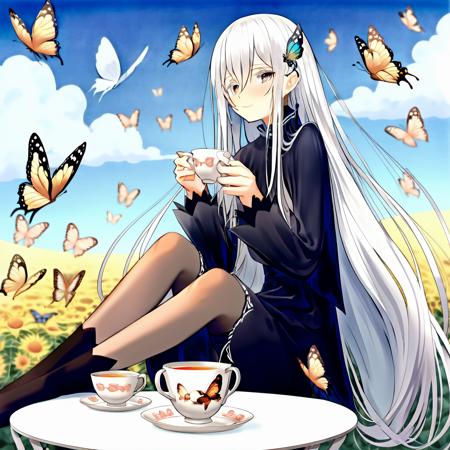 echidna, 1girl, sitting, drinking tea, looking at camera, long white hair, sky in background, blushing, surrounded by butterflies <lora:echidna:1>