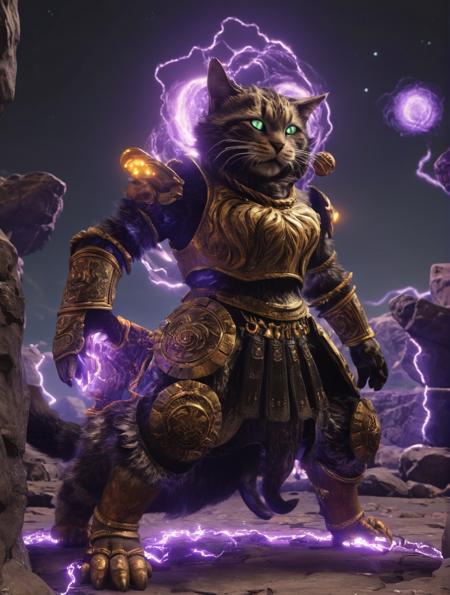 starscourgexl full armor cat,surrounded by glowing floating electricity rocks,scenery in the background,awardwinning,masterpiece,((realistic)),128k UHD,octane render,sharp focus,trending on artstation,raw photograpy, <lora:Starscourgexl-step00000357:0.9>,((no humans))