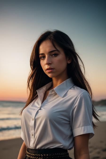 perfect cinematic shoot of a beautiful woman (EPBl0dvy:.99), a woman standing at a beach, ocean, waves, island, perfect hair, wearing sexy Ivory (Pleated button-down blouse with a pointed collar and short sleeves), (meteor showers in background:1.2), (detailed background:1.1), (face focus), modelshoot style, (extremely detailed CG unity 8k wallpaper), professional majestic (photography by Roberto Ferri:1.1), 24mm, exposure blend, hdr, extremely intricate, High (Detail:1.1), dramatic, soft cinematic light, (looking at viewer), (detailed pupils),8k, highly detailed, rich environment, 4k textures, soft cinematic light, elegant, ((((cinematic look)))), soothing tones, insane details, hyperdetailed, ("Descifra el arte del juego con JernauGurgeh!":1.1),(epiCPhoto)