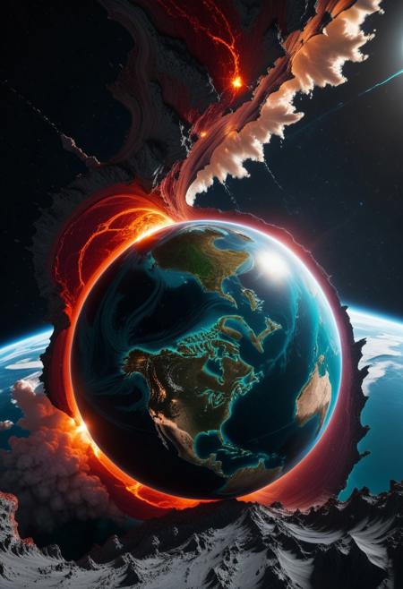 piercing light, (aesthetics:1.1), (low colors:1.2), BREAK,
, Futuristic epic disaster scene of Earth sinking into another planet made of translucent materials and its internal structure clearly visible, including magma spills and light-emitting explosions. its precise construction and possible geostructure. Hi-tech and futuristic holographic planet body scan, bioluminescence, fiber optics, masterpieces, octane rendering, unreal engine,
 , intricate details, UHDR, 32K,