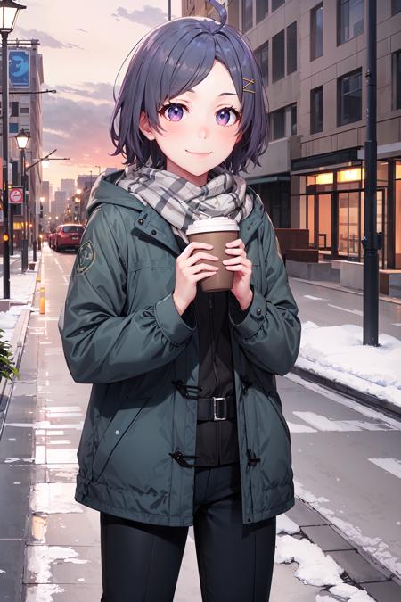 masterpiece, best quality, cowboy shot, smile, komachi hikigaya, short hair, ahoge, hairclip, scarf, winter coat, pants, holding, coffee cup, outdoors, sunrise, overcast, snowing, sidewalk, <lora:komachi_hikigaya_v2:0.9>