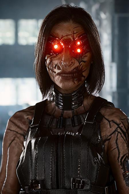 <lora:CyberMaelstrom:1>, glowing eyes, cybernetic implants, one character, bulletproof vest, woman looking at viewer, multiple eyes, realistic, vibrant, disfigured, scars, wrinkles