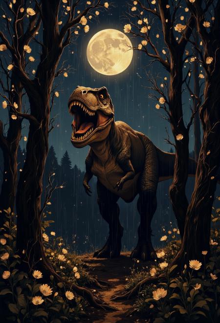 CynthiaPortrait. beautiful aesthetic, intricate, a tyrannosaurus rex in the shadows approaching between the trees, nighttime, moonlight, rain, fantasy art, ethereal, painterly, epic, majestic, cover art, dramatic lighting