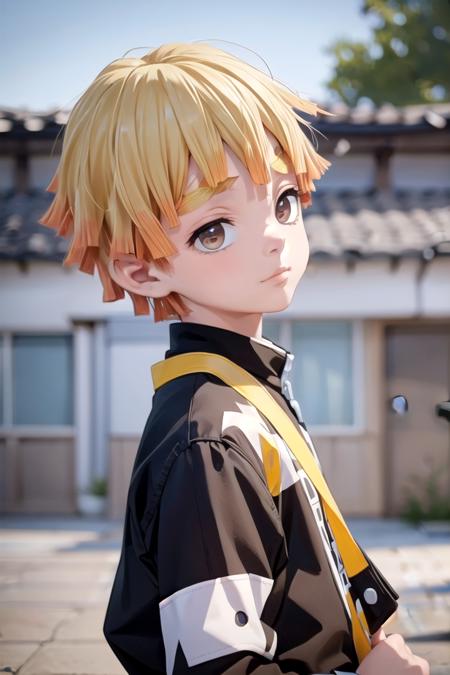 1 boy,more details in eyes,cute,looking at viewer, adorabel boy,cute face,details sky,handsome,young,juvenile,((masterpiece:1.4,best 
 quality)), standing,multiple details,colorful hair,eyeshadow,, sfw, <lora:agatsuma_zenitsu:0.9> agatsuma zenitsu