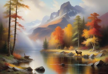 <lora:10NaturalismPainting_Hap_XL:1.5>,  Thomas Moran style, oil painting, nature, The fourth image showcases a dense, vibrant forest scene in autumn, with a riot of colors from the changing leaves. In the foreground, a dark, serene pool reflects the surrounding foliage and a small family of deer grazing by the water. The background features towering mountains shrouded in mist, adding depth and majesty to the scene. The composition exudes a sense of tranquility and natural beauty, with a hint of mystery from the forest depths.