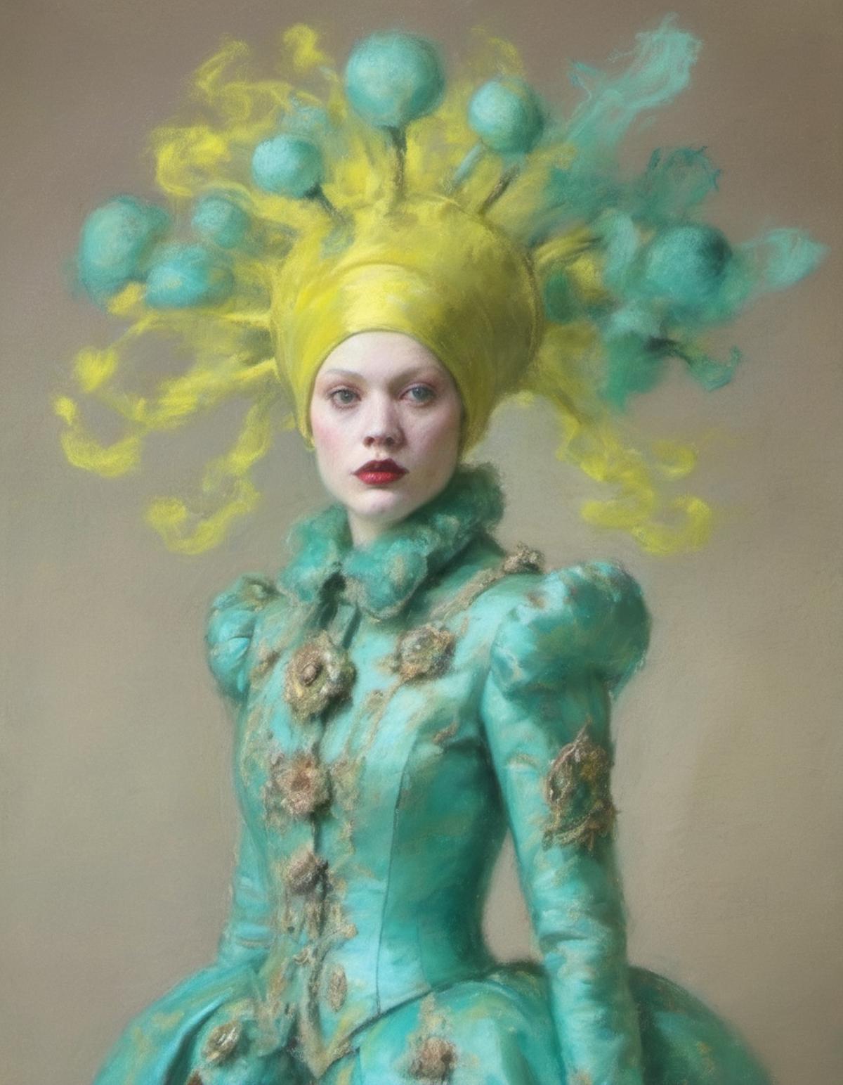 drawing with pastels of absurd haute couture fashion inspired by kessler syndrom nasa universe planets rococo and baroque ...