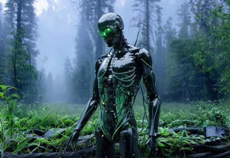 Blame! by Tsutomu Nihei see through cyborg,forest background, mist, black oil splatter, black plated cables everywhere, translucent glass head, chips and electronics, in background, black oil splatter, green everywhere, symbiotic everywhere, insects everywhere titanium everywhere, electric everywhere, extreme closeup, easynegative, ng_deepnegative_v1_75t