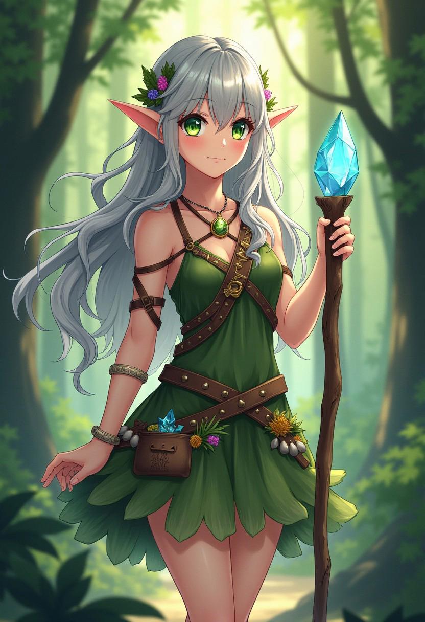 This anime girl embodies the spirit of the forest, radiating a wild and free energy. She has mesmerizing emerald green eyes that reflect the vibrant hues of the surrounding foliage, and her long, wavy silver hair flows like a river through the trees. Her attire is a testament to her connection with nature – she wears a flowing dress made from woven leaves and vines, adorned with colorful feathers and shells. Delicate leather straps crisscross her chest and arms, securing small pouches filled with herbs, flowers, and other natural remedies. Simple leather sandals protect her feet as she navigates the forest floor, leaving only the softest imprint on the earth. 
She carries a staff crafted from smooth wood, topped with a crystal that shimmers with an ethereal glow. As she moves through the forest, she blends seamlessly into her surroundings, appearing as though she's emerged directly from the heart of the wilderness. Her presence exudes tranquility and grace, making her a true embodiment of the elven spirit.