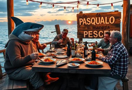 An Italianized humanoid shark named ‘Pasqualo,’ with a muscular body, gray shark-like skin, and sharp teeth, sits at a large wooden table on a seaside pier during sunset. He has black eyes, a prominent dorsal fin, and a friendly grin. Dressed in a rugged fisherman’s outfit, including a weathered wool sweater, rolled-up pants, and boots, Pasqualo blends seamlessly into the scene with his human fisherman friends. They laugh and chat around the table, their sun-baked skin and salt-worn clothes reflecting a life spent at sea.
The table is covered with rustic Italian seafood dishes: grilled fish, steaming bowls of pasta, crusty bread, and wine bottles. Half-filled glasses suggest recent toasts, and plates are scattered in a laid-back, festive atmosphere. Overhead, warm string lights cast a golden glow on the gathering.
In the background, a large wooden sign, slightly worn and hand-painted, reads ‘da PASQUALO si mangia PESCE.’ It’s mounted on a weathered post with a couple of seagulls perched on top. The sea behind them is calm, with fishing boats gently rocking in the harbor. The setting captures the authentic feel of an old Italian coastal town, with Pasqualo smiling and enjoying the meal with his closest friends, blending the fantastical with the familiar and realistic.