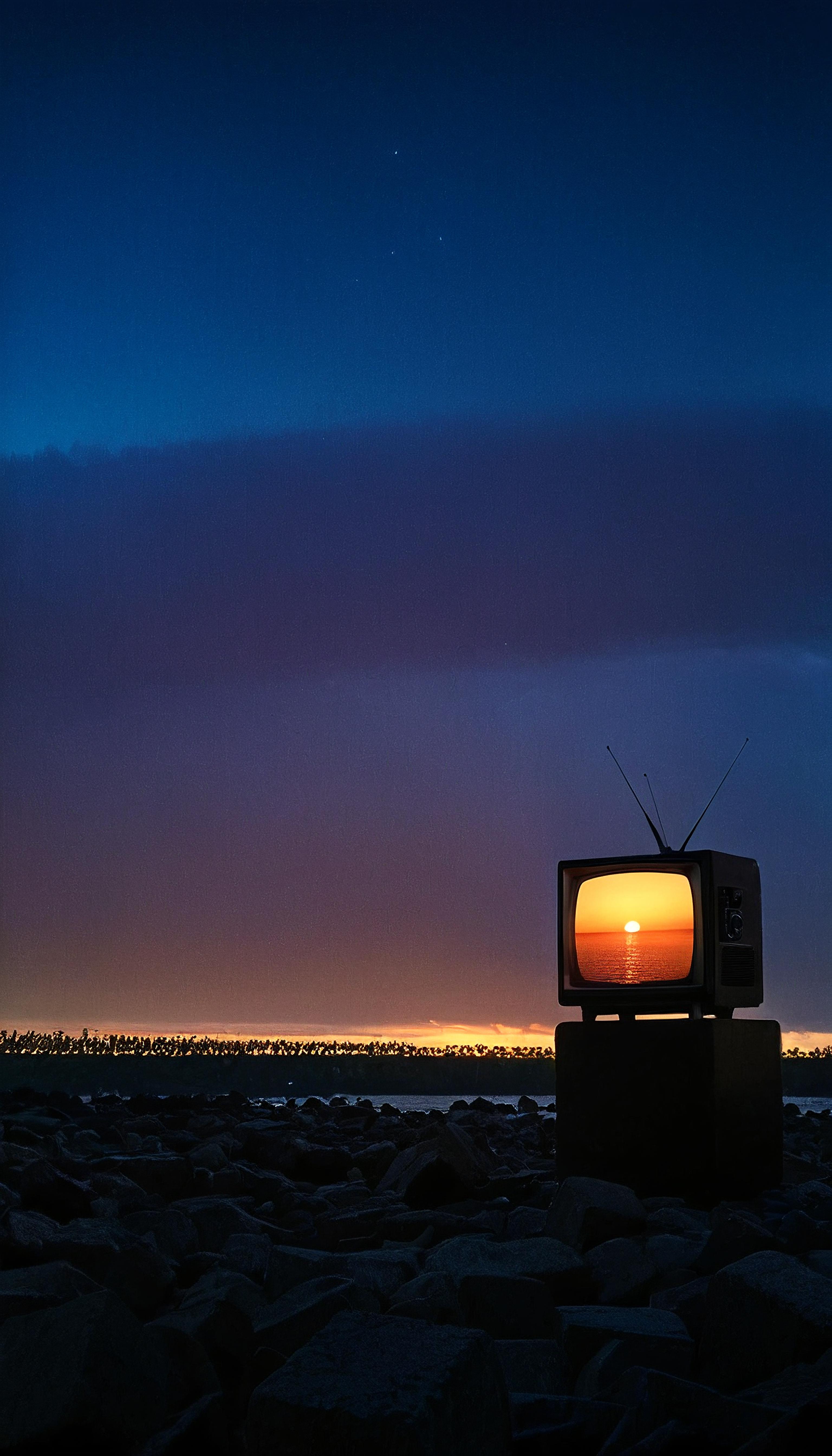 A TV with a beautiful sunset in the background.