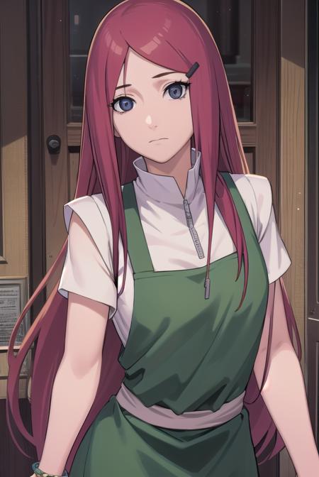 kushina, <lora:kushina-lora-nochekaiser:1>,
kushina, long hair, hair ornament, red hair, hairclip, (grey eyes:1.5),
BREAK shirt, dress, jewelry, white shirt, short sleeves, apron, bracelet, green apron, collar,
BREAK looking at viewer, upper body, full body, cowboy shot,
BREAK indoors,
BREAK <lyco:GoodHands-beta2:1>, (masterpiece:1.2), best quality, high resolution, unity 8k wallpaper, (illustration:0.8), (beautiful detailed eyes:1.6), extremely detailed face, perfect lighting, extremely detailed CG, (perfect hands, perfect anatomy),