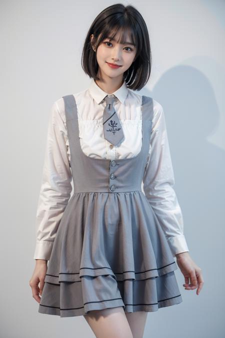 best quality, quality, masterpiece, photorealistic, 1girl, solo, standing, long black hair, blunt bangs, looking at viewer, smile, full body, cyb shirt, necktie, suspender skirt, suspenders, cyb skirt, ccbba girl, simple background, <lora:dating_attire_style4_v1:0.65>