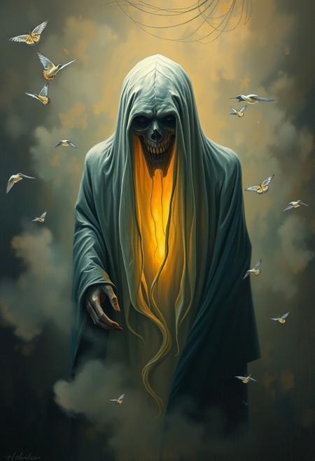 A classic oil painting in an overhead bird’s-eye view, depicting a Creepy ghostly figure with volumetric lighting, showcasing surreal avant-garde aesthetics, intricate linework, bold graphic elements, textured compositions, traditional Japanese aesthetics, modern surrealism, elongated figures, dreamlike landscapes, rich textures, visible brushstrokes, and light beams through dust or fog.