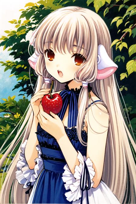 CHII, 1girl, cherry, solo, food, long hair, fruit, blonde hair, holding, holding food, hair tubes, brown eyes, open mouth, holding fruit, hair ornament, frills, robot ears, traditional media, sleeveless, bangs, ribbon, upper body, bare shoulders, dress, looking at viewer, ribbon trim, <lora:Chobits:0.8>