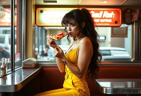 april o'neil is in a diner eating pizza, she is wearing a yellow jump suit, there is side boob, imaginative and sexy